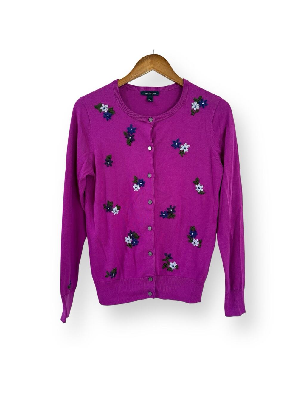 Lands End Cardigan Womens Small 6-8 Purple Floral Embroidered Button Up Sweater